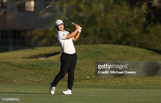 Tom Kim of South Korea plays a second shot on the 16th hole during the first round of the Shriners Children's Open at TPC Summerlin on October 12,...