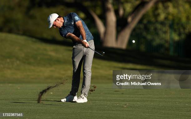 Nick Taylor of Canada plays a second shot on the 17th hole during the first round of the Shriners Children's Open at TPC Summerlin on October 12,...