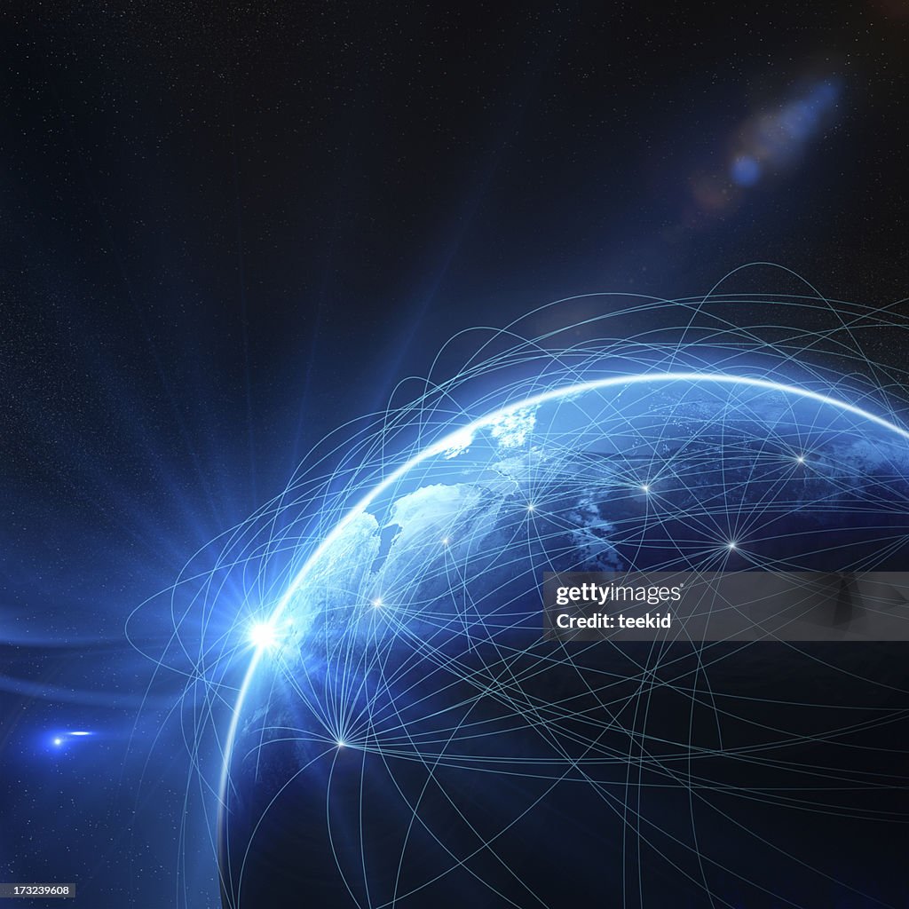 Blaue Welt umgeben von Kommunikationsnetzen