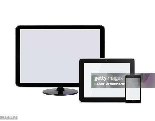 tv monitor and mobil phone - flat screen computer stock pictures, royalty-free photos & images