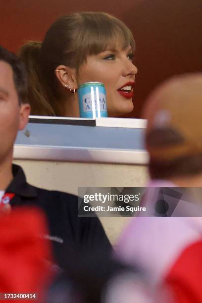 Taylor Swift looks on before the game between the Kansas City Chiefs and the Denver Broncos at GEHA Field at Arrowhead Stadium on October 12, 2023 in...