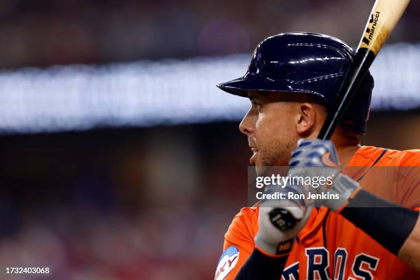 Michael Brantley of the Houston Astros bats during Game 3 of the ALCS between the Houston Astros and the Texas Rangers at Globe Life Field on...