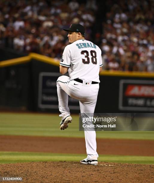 Paul Sewal of the Arizona Diamondbacks delivers a pitch against the Los Angeles Dodgers during Game Three of the Division Series at Chase Field on...