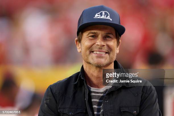 Actor Rob Lowe looks on during pregame between the Kansas City Chiefs and the Denver Broncos at GEHA Field at Arrowhead Stadium on October 12, 2023...