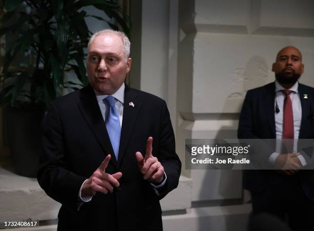 House Majority Leader Steve Scalise announces he is taking his name out of the running for U.S. Speaker of House on October 12, 2023 in Washington,...