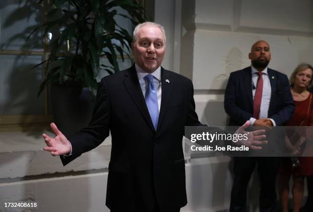 House Majority Leader Steve Scalise announces he is taking his name out of the running for U.S. Speaker of House on October 12, 2023 in Washington,...