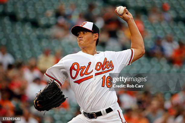 Starting pitcher Wei-Yin Chen of the Baltimore Orioles throws to a Texas Rangers batter during the first inning at Oriole Park at Camden Yards on...