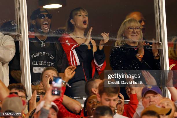 Taylor Swift and Donna Kelce cheer before the game between the Kansas City Chiefs and the Denver Broncos at GEHA Field at Arrowhead Stadium on...