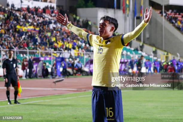 Kendry Paez of Ecuador celebrates after scoring the team's first goal during the FIFA World Cup 2026 Qualifier match between Bolivia and Ecuador at...