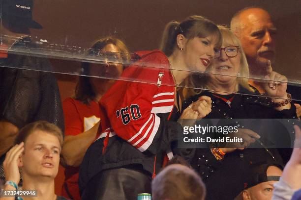 Taylor Swift and Donna Kelce look on before the game between the Kansas City Chiefs and the Denver Broncos at GEHA Field at Arrowhead Stadium on...