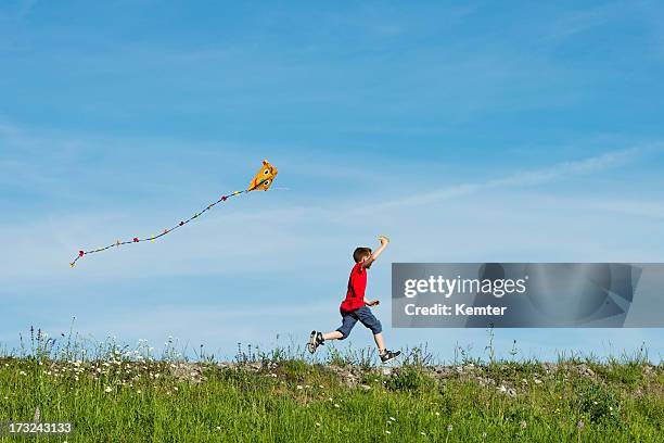 happy boy flying his kite - vlieger stockfoto's en -beelden
