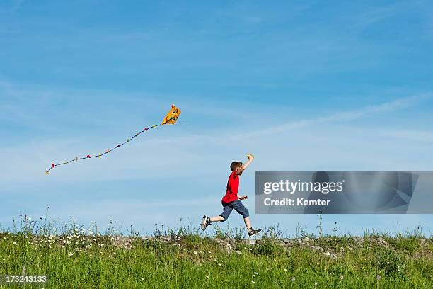 happy boy flying his kite - kite stock pictures, royalty-free photos & images