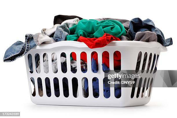 basket of laundry on white background - hamper stock pictures, royalty-free photos & images