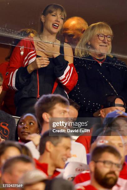 Taylor Swift and Donna Kelce look on before the game between the Kansas City Chiefs and the Denver Broncos at GEHA Field at Arrowhead Stadium on...