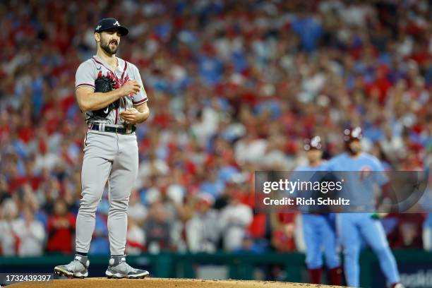 Spencer Strider of the Atlanta Braves stands on the mound in the first inning against the Philadelphia Phillies during Game Four of the Division...