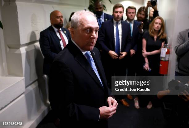 House Majority Leader Steve Scalise leaves a House Republican caucus meeting after withdrawing his bid for Speaker, at the U.S. Capitol on October...