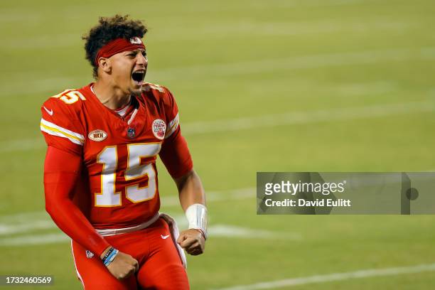 Patrick Mahomes of the Kansas City Chiefs fires the fans up before the game against the Denver Broncos at GEHA Field at Arrowhead Stadium on October...