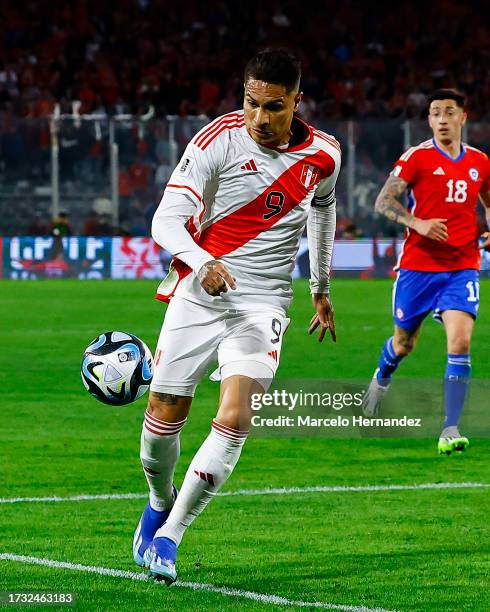 Paolo Guerrero of Peru runs after the ball during the FIFA World Cup 2026 Qualifier match between Chile and Peru at Estadio Monumental David Arellano...