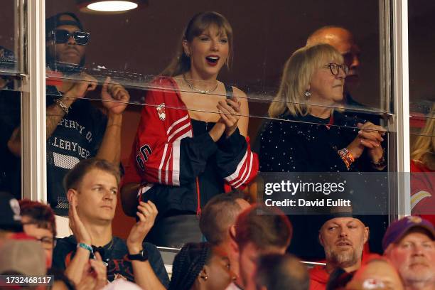 Taylor Swift and Donna Kelce cheer before the game between the Kansas City Chiefs and the Denver Broncos at GEHA Field at Arrowhead Stadium on...