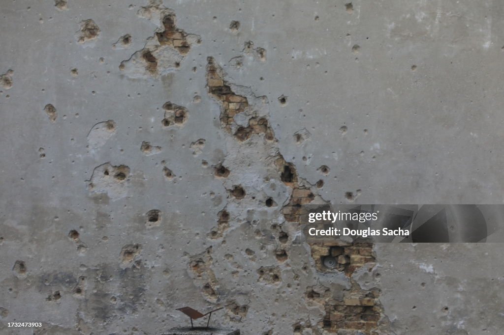 Explosion and shrapnel damage at a war zone