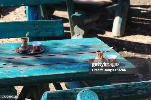 outdoor cafe table serving turkish coffee - mostar stock pictures, royalty-free photos & images
