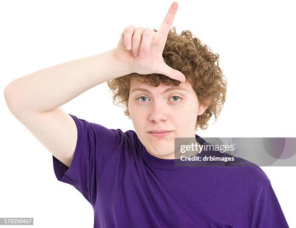 teenage boy loser l hand gesture - teasing stock pictures, royalty-free photos & images