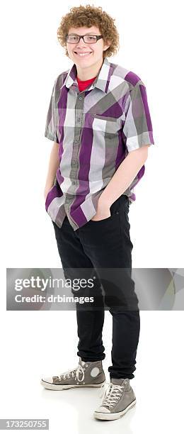 happy teenage boy standing portrait - geek 個照片及圖片檔