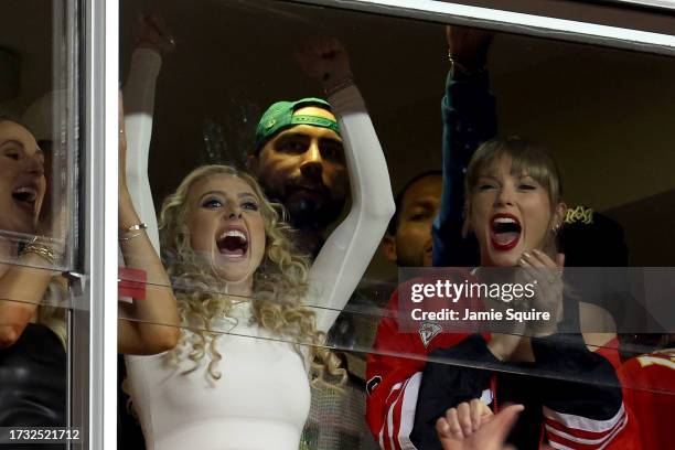 Brittany Mahomes and Taylor Swift celebrate a touchdown by the Kansas City Chiefs against the Denver Broncos during the second quarter at GEHA Field...