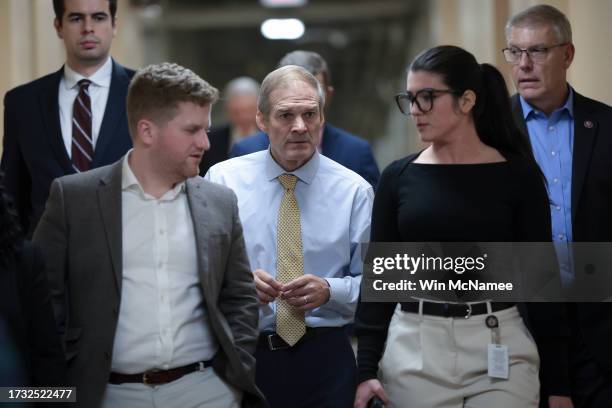 Rep. Jim Jordan arrives for a House Republican conference meeting where Rep. Steve Scalise withdrew his name as a candidate to be the next Speaker of...