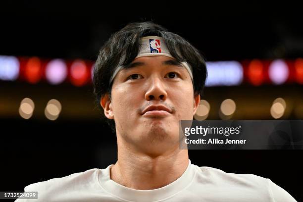 Yuta Watanabe of the Phoenix Suns looks on before the game against the Portland Trail Blazers at Moda Center on October 12, 2023 in Portland, Oregon....