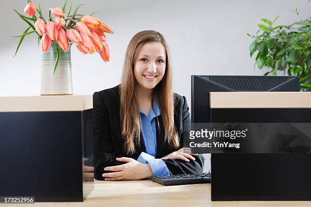 bank counter window with friendly & smiling teller hz - teller stock pictures, royalty-free photos & images