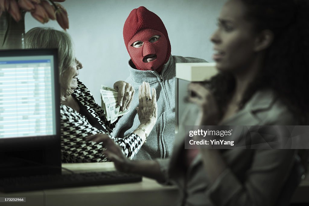 Robber with Teller and Customer in Retail Bank Window