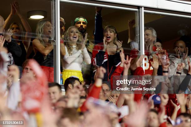 Brittany Mahomes and Taylor Swift celebrate a touchdown by the Kansas City Chiefs against the Denver Broncos during the second quarter at GEHA Field...