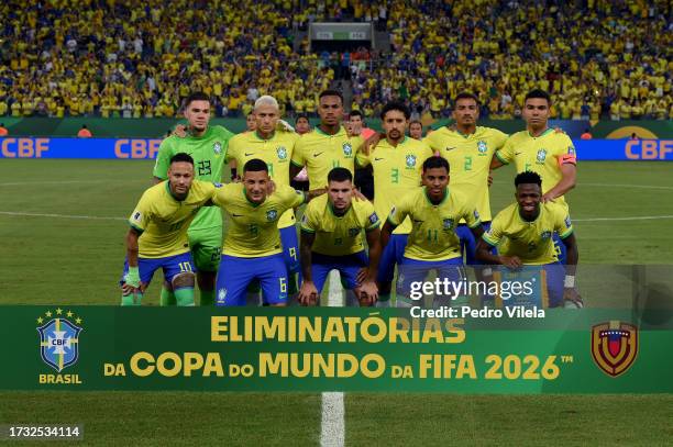 Players of Brazil pose for a photo prior to the FIFA World Cup 2026 Qualifier match between Brazil and Venezuela at Arena Pantanal on October 12,...