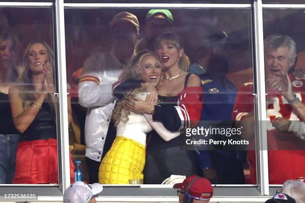 Lyndsay Bell, Brittany Mahomes and Taylor Swift celebrate during the first half of the game between the Kansas City Chiefs and the Denver Broncos at...