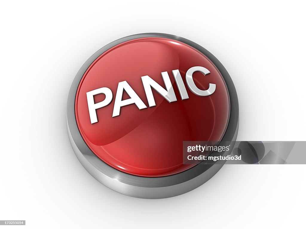 Red panic button on white background