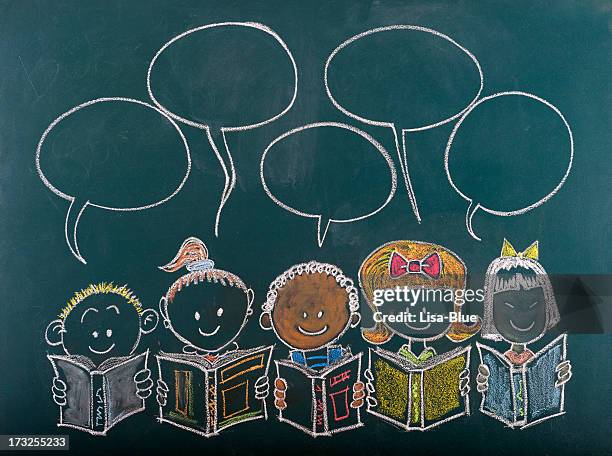 multi-ethnic group of children sketched on blackboard - educational subject stock pictures, royalty-free photos & images