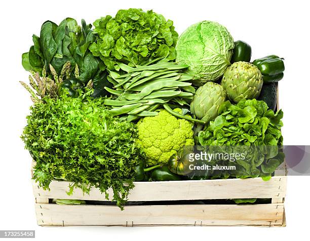 variety of green vegetables sitting in a wooden box - leaf vegetable stock pictures, royalty-free photos & images