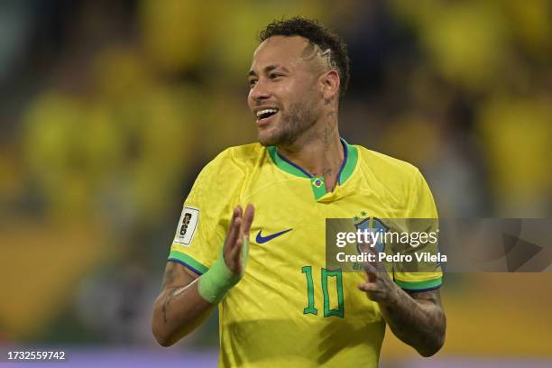 Neymar Jr. Of Brazil reacts during a FIFA World Cup 2026 Qualifier match between Brazil and Venezuela at Arena Pantanal on October 12, 2023 in...