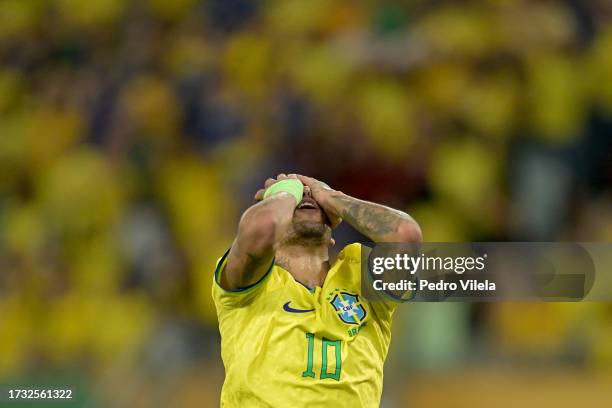 Neymar Jr. Of Brazil reacts during a FIFA World Cup 2026 Qualifier match between Brazil and Venezuela at Arena Pantanal on October 12, 2023 in...