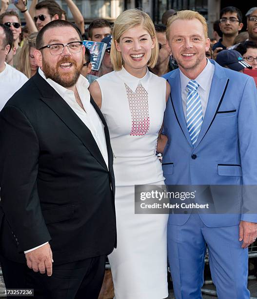 Nick Frost, Rosamund Pike and Simon Pegg attend the World Premiere of 'The World's End' at Empire Leicester Square on July 10, 2013 in London,...