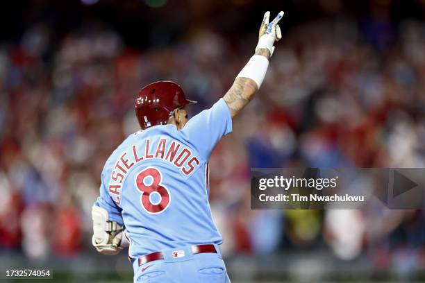 Nick Castellanos of the Philadelphia Phillies rounds the bases after hitting a home run in the sixth inning against the Atlanta Braves during Game...