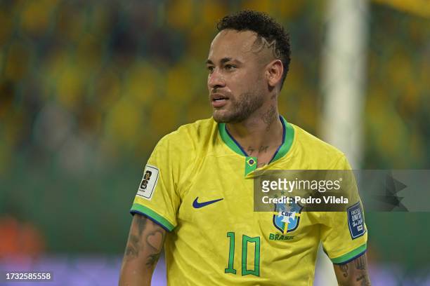 Neymar Jr. Of Brazil looks on during a FIFA World Cup 2026 Qualifier match between Brazil and Venezuela at Arena Pantanal on October 12, 2023 in...