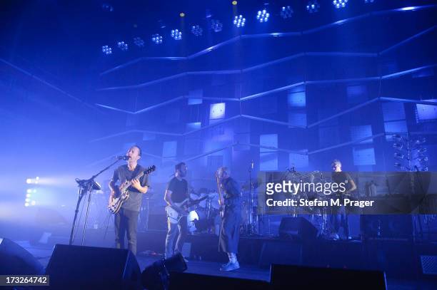 Thom Yorke, Flea, Nigel Godrich, Joey Waronker and Mauro Refosco of Atoms For Peace perform at Zenith on July 10, 2013 in Munich, Germany.