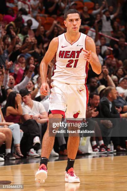 Dewayne Dedmon of the Miami Heat reacts to a play during a game against the Brooklyn Nets on October 18, 2023 at Kaseya Center in Miami, Florida....