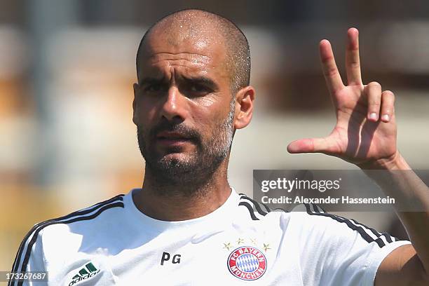 Josep Guardiola, head coach of FC Bayern Muenchen gesture during a training session at Campo Sportivo on July 11, 2013 in Arco, Italy