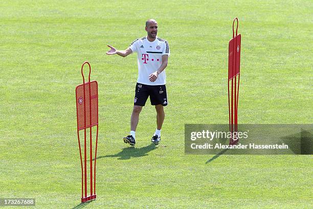 Josep Guardiola, head coach of FC Bayern Muenchen gesture during a training session at Campo Sportivo on July 11, 2013 in Arco, Italy