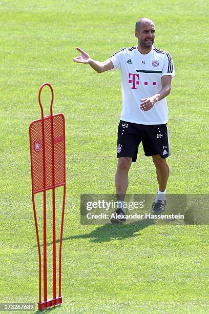 Josep Guardiola, head coach of FC Bayern Muenchen gesture during a training session at Campo Sportivo on July 11, 2013 in Arco, Italy