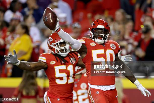 Willie Gay of the Kansas City Chiefs celebrates after recovering a fumble against the Denver Broncos during the fourth quarter at GEHA Field at...