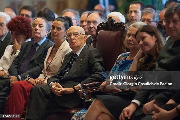 President of Italian Chambers of Deputies, Laura Boldrini and President of Italian Republic, Giorgio Napolitano , attend the presentation of the book...